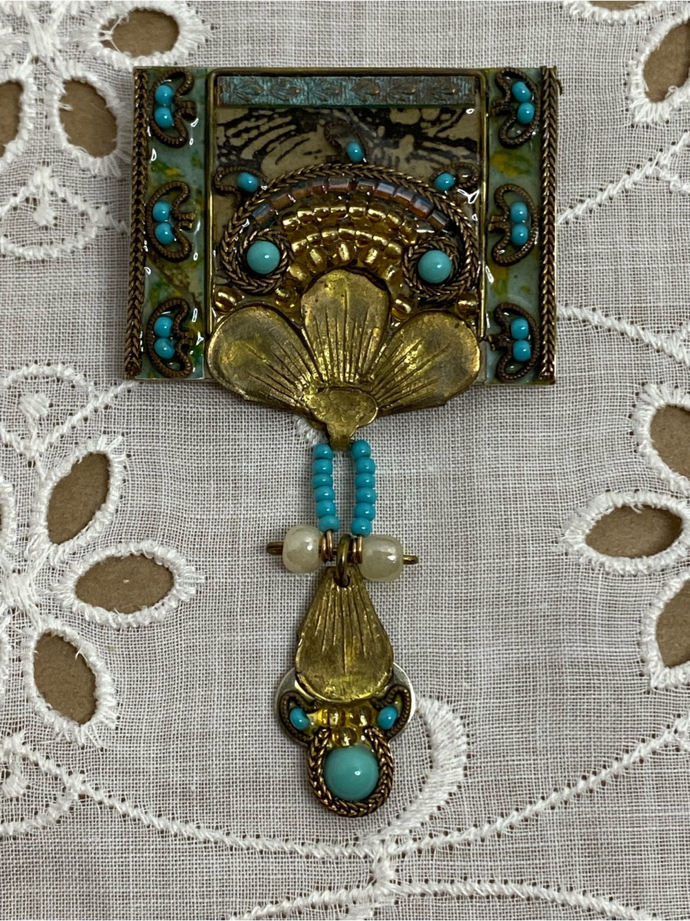 Vintage Ayala Bar Mixed Media Brooch Turquoise Beaded Israeli Designer Jewelry